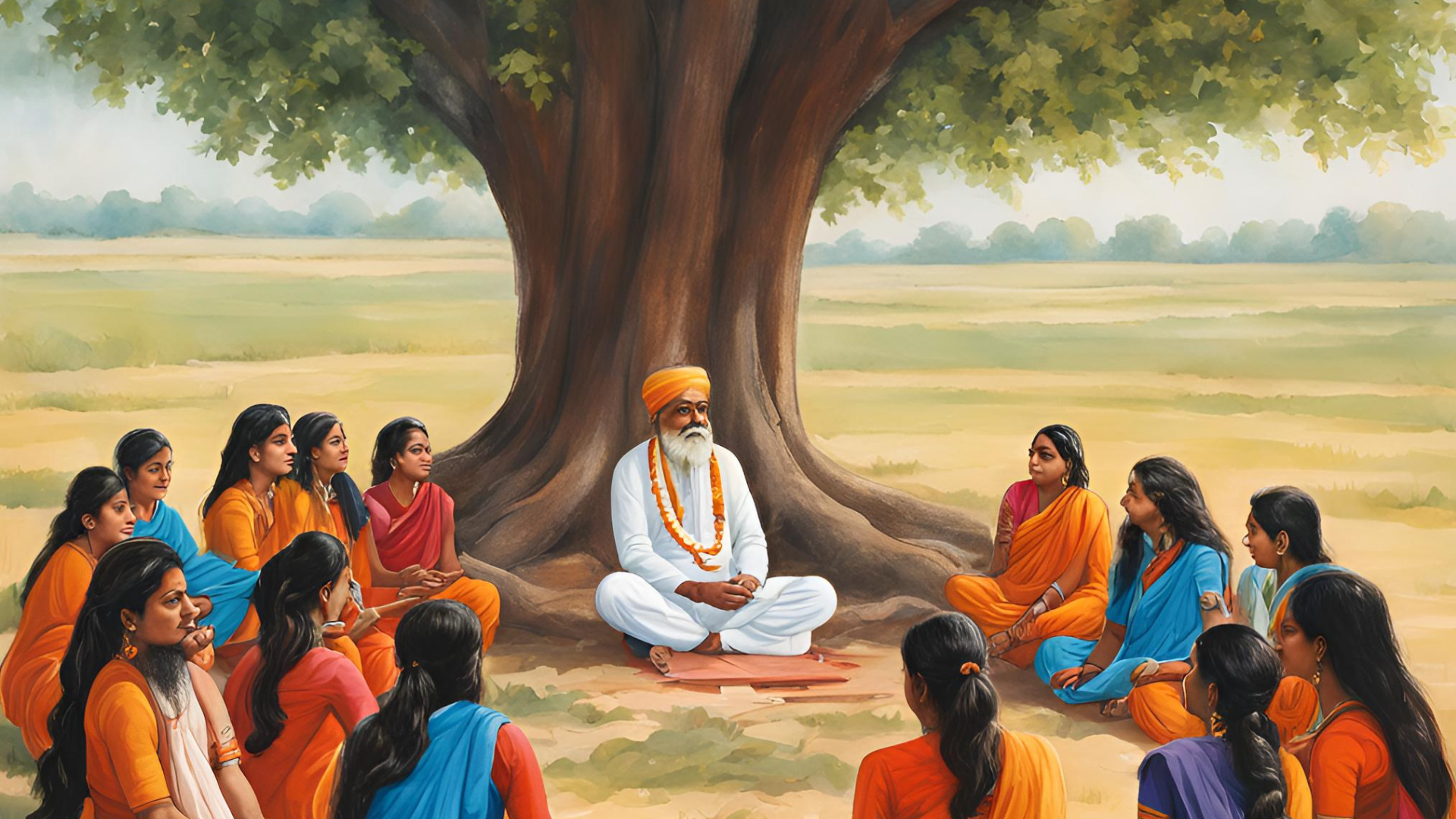 a group of people sitting under a tree in front of guru